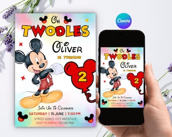 Editable Mickey Mouse Oh Twodles Birthday Invitation, Pastel Rainbow Mickey 2nd Invite, Canva Template