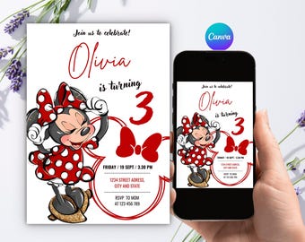Minnie Mouse Editable 3rd Birthday Invitation, Gold Minnie Invite for Girls, Canva Template (Digital File)
