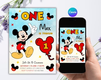 Editable Mickey Mouse 1st Birthday Invitation, Fun One Mouse Canva Invite