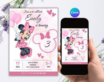 Editable Pink Mouse 3rd Birthday Invitation, Minnie Birthday Canva Invite for Girls