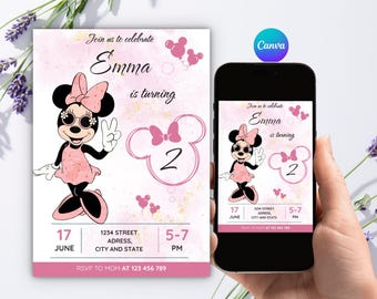 Editable Minnie Mouse 2nd Birthday Invitation, Birthday Girl Invite, Canva 5x7 Template
