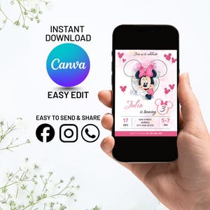Redigerbar rosa Minnie Mouse 4-årsinbjudan, ballongmusflickainbjudan, Canva-mall bild 2