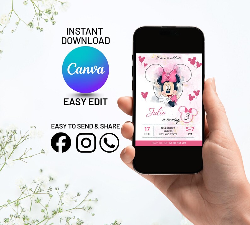 Redigerbar rosa Minnie Mouse 4-årsinbjudan, ballongmusflickainbjudan, Canva-mall bild 2