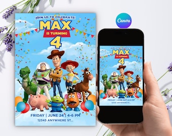 Editable Toy Story 4th Birthday Invitation, Sheriff Space Cowboy Invite Girl Boy, Canva Template