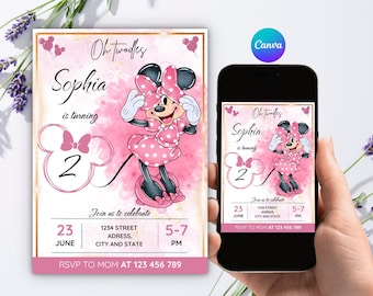 Minnie Mouse Editable Birthday Invitation, Oh Twodles Birthday Invite, Canva Digital Template