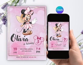 Editable Fairy Minnie 3rd Birthday Invitation, Gold Wings Mouse Girl Invite, Canva Template