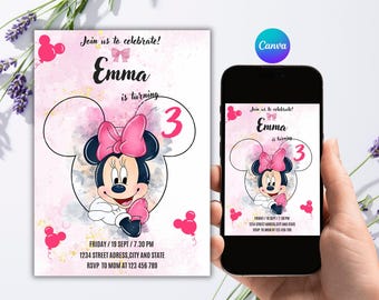 Editable Pink Mouse 3rd Birthday Invitation, Minnie Birthday Invite for Girls, 5x7 Canva Template
