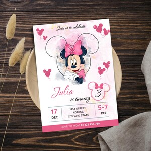 Redigerbar rosa Minnie Mouse 4-årsinbjudan, ballongmusflickainbjudan, Canva-mall bild 3