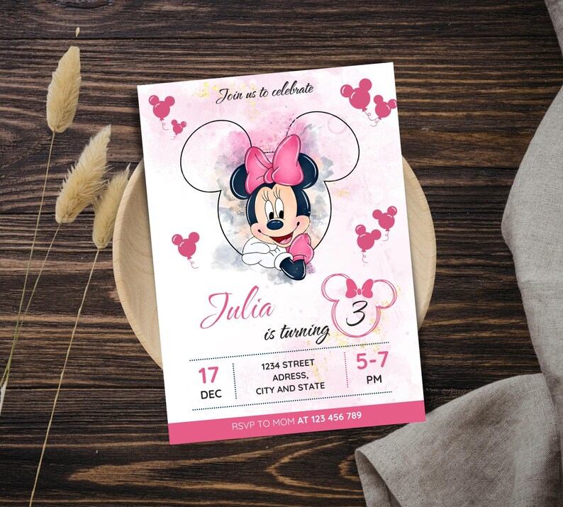 Redigerbar rosa Minnie Mouse 4-årsinbjudan, ballongmusflickainbjudan, Canva-mall bild 3
