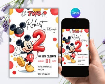 Mickey Mouse 2nd Birthday Invitation, Editable Two Dles Party Invite, Digital Download Template