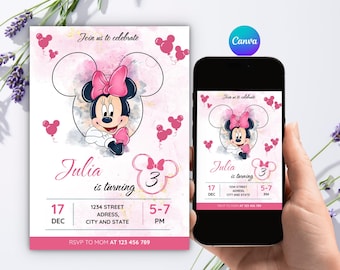 Minnie Mouse Editable 3rd Birthday Invitation, Watercolor Pink Mouse Girl Invite, Canva Template