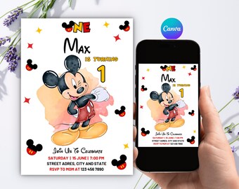 Editable Mickey Mouse 1st Birthday Invitation, Winking Boy Turning One Invite, Canva Template