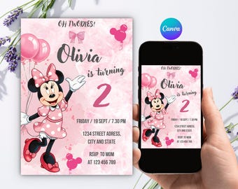Editable Oh Twodles Birthday Invitation, Minnie Mouse 2nd Birthday Invite, Canva Template