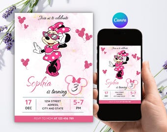 Editable Minnie Mouse 3rd Birthday Invitation, Watercolor Minnie Birthday Invite for Girls, Canva Template