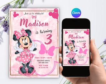 Minnie Mouse 3rd Birthday Editable Invitation, Pink Mouse Birthday Invite for Girls, Canva Template