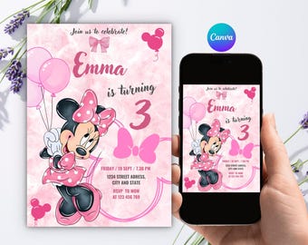 Editable Minnie Mouse 3rd Birthday Invitation, Pink Watercolor Canva Template (Digital Download)