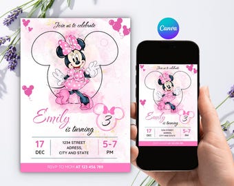 Editable Pink Mouse 3rd Birthday Invitation, Minnie Birthday Invite for Girls, Canva Template