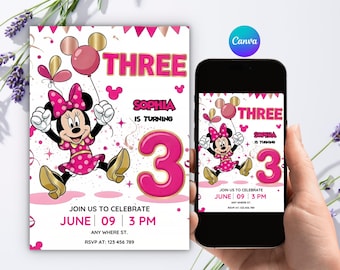 Minnie Mouse Editable 3rd Birthday Invitation, Birthday Invite for Girls, 5x7 Canva Template
