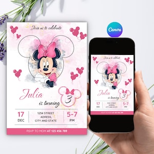 Redigerbar rosa Minnie Mouse 4-årsinbjudan, ballongmusflickainbjudan, Canva-mall bild 1