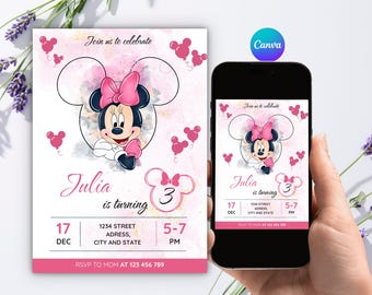 Editable Pink Minnie Mouse 4th Birthday Invitation, Balloon Mouse Girl Invite, Canva Template