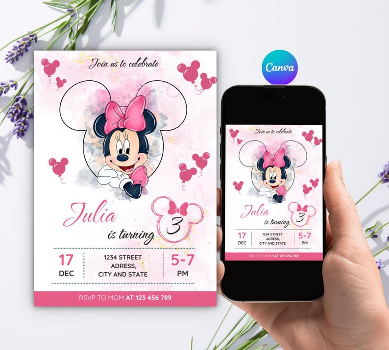 Redigerbar rosa Minnie Mouse 4-årsinbjudan, ballongmusflickainbjudan, Canva-mall bild 1
