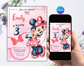 Editable Minnie Mouse 3rd Birthday Invitation, Birthday Invite for Girls, 5x7 Canva Template
