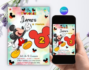Editable Oh Twodles Birthday Invitation, Mickey Mouse 2nd Birthday Invite, Canva Template