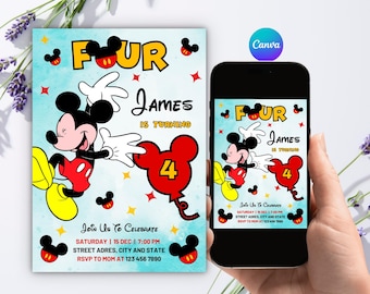 Editable Mickey Mouse 4th Birthday Invitation, Joyful Jumping Boy 4 Invite, Canva Template