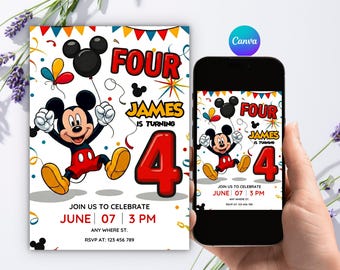 Editable Mickey Mouse 4th Birthday Invitation, Bright Carnival Turning Four Invite, Canva Template