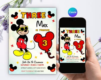 Editable Mickey Mouse 3rd Birthday Invitation, Cool Sunglasses Mouse Invite, Canva 5x7 Template