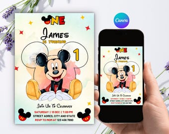 Editable Mickey Mouse 1st Birthday Invitation, Soft Pastel Turning One Invite, Canva Template