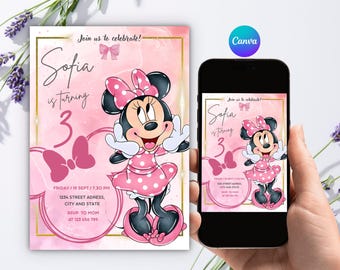 Pink Minnie Mouse 3rd Birthday Invitation, Watercolor Glitter Canva Template (Digital Download)