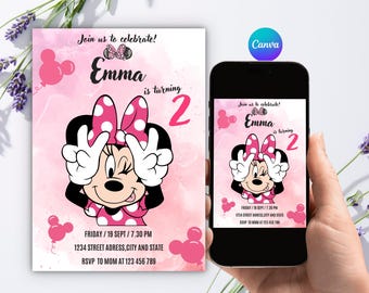 Editable Minnie Mouse 2nd Birthday Invitation, Playful Pink Mouse Girl Invite, Canva 5x7 Template
