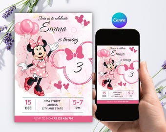 Editable Minnie Mouse 3rd Birthday Invitation, Mouse Birthday Invite for Girls, Canva Template