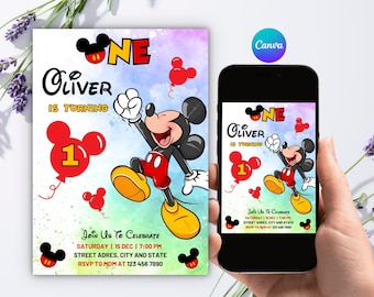 Editable Mickey Mouse 1st Birthday Invitation, Colorful Turning One Invite, Canva Template