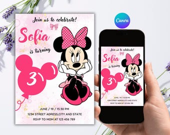 Minnie Mouse 3rd Birthday Invitation, Pink Watercolor Party Canva Invite (Digital Download)