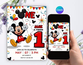 Editable Mickey Mouse 1st Birthday Invitation, Bright Carnival Turning One Invite, Canva 5x7 Template
