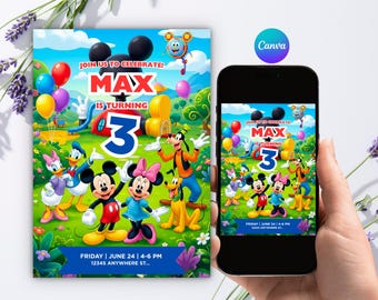 Editable Mickey Mouse Clubhouse 3rd Birthday Invitation, Friends Park Invite, Canva 5x7 Template