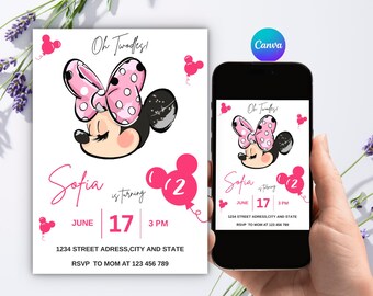 Editable Oh Twodles Birthday Invitation, Chic Minnie Face Girl 2nd Invite, Canva Template