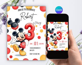 Editable Mickey Mouse 3rd Birthday Invitation, Red Balloon Boy Three Invite, Canva Template