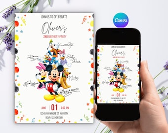 Editable Mickey Mouse Clubhouse 2nd Birthday Invitation, Autographed Friends Invite, Canva Template