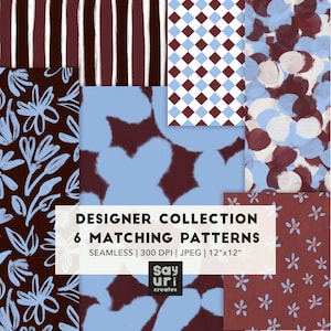 Puede incluir: Una colección digital de seis patrones sin costuras con diseños en granate y azul claro, incluyendo rayas, rombos, círculos y motivos florales. El texto dice: DESIGNER COLLECTION 6 MATCHING PATTERNS SEAMLESS | 300 DPI | JPEG | 30,48cm x 30,48cm Sayuri creates.