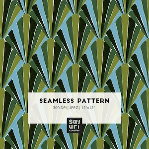 May include: A seamless pattern featuring repeating fan-shaped motifs in shades of dark green, olive green, and light blue. A white rectangular overlay displays the text SEAMLESS PATTERN, 300 DPI | JPEG | 30.48 cm x 30.48 cm, and the logo Say uri creates.