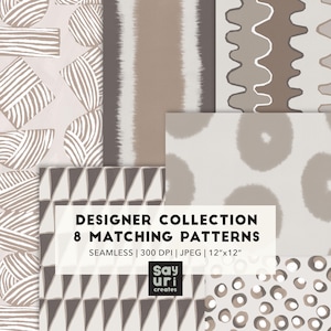 Könnte beinhalten: Eine digitale Sammlung von acht nahtlosen Mustern in Taupe-, Beige- und Weißtönen. Die Designs zeigen geometrische Formen, wellenförmige Linien, weiche Kreise und Streifen. Text: DESIGNER COLLECTION 8 MATCHING PATTERNS SEAMLESS | 300 DPI | JPEG | 30,48 cm x 30,48 cm Say uri creates.