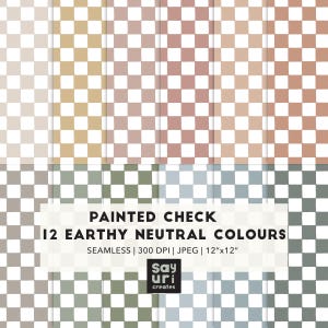 Puede incluir: Una colección de patrones digitales con doce variaciones de un diseño de tablero de ajedrez pintado en colores neutros y terrosos. El texto dice: PAINTED CHECK 12 EARTHY NEUTRAL COLOURS SEAMLESS | 300 DPI | JPEG | 30,48 cm x 30,48 cm Say uri creates.
