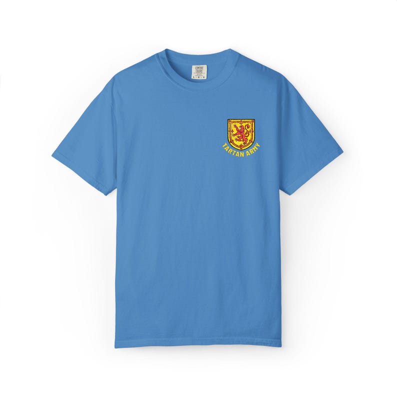 Tartan Army Embroidered T-Shirt | Scotland Football Fan Tee | Scottish Soccer Supporter Shirt | Scotland Pride Apparel | Embroidered Top Royal Caribe