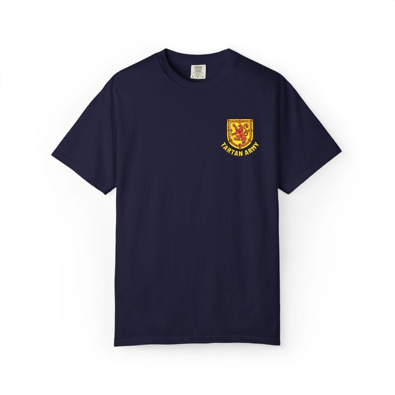 Tartan Army Embroidered T-Shirt | Scotland Football Fan Tee | Scottish Soccer Supporter Shirt | Scotland Pride Apparel | Embroidered Top True Navy