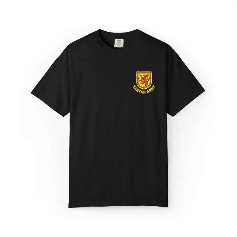 Tartan Army Embroidered T-Shirt | Scotland Football Fan Tee | Scottish Soccer Supporter Shirt | Scotland Pride Apparel | Embroidered Top Black