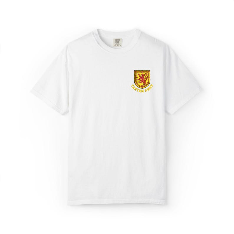 Tartan Army Embroidered T-Shirt | Scotland Football Fan Tee | Scottish Soccer Supporter Shirt | Scotland Pride Apparel | Embroidered Top White