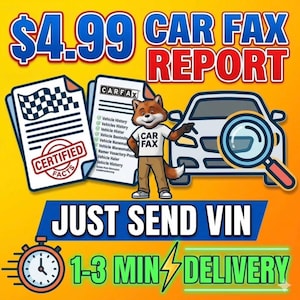 以下が含まれることがあります： 4.99ドルのCar Faxレポートのグラフィック広告。漫画のキツネのマスコット、白い車、虫眼鏡、2つの書類が描かれています。テキストには「$4.99 CAR FAX REPORT」、「JUST SEND VIN」、「1-3 MIN DELIVERY」と時計のアイコンが含まれています。
